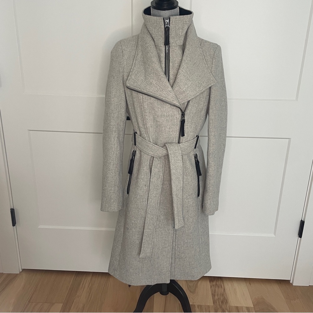 Calvin Klein Gray Long Belted Coat with Wide Collar